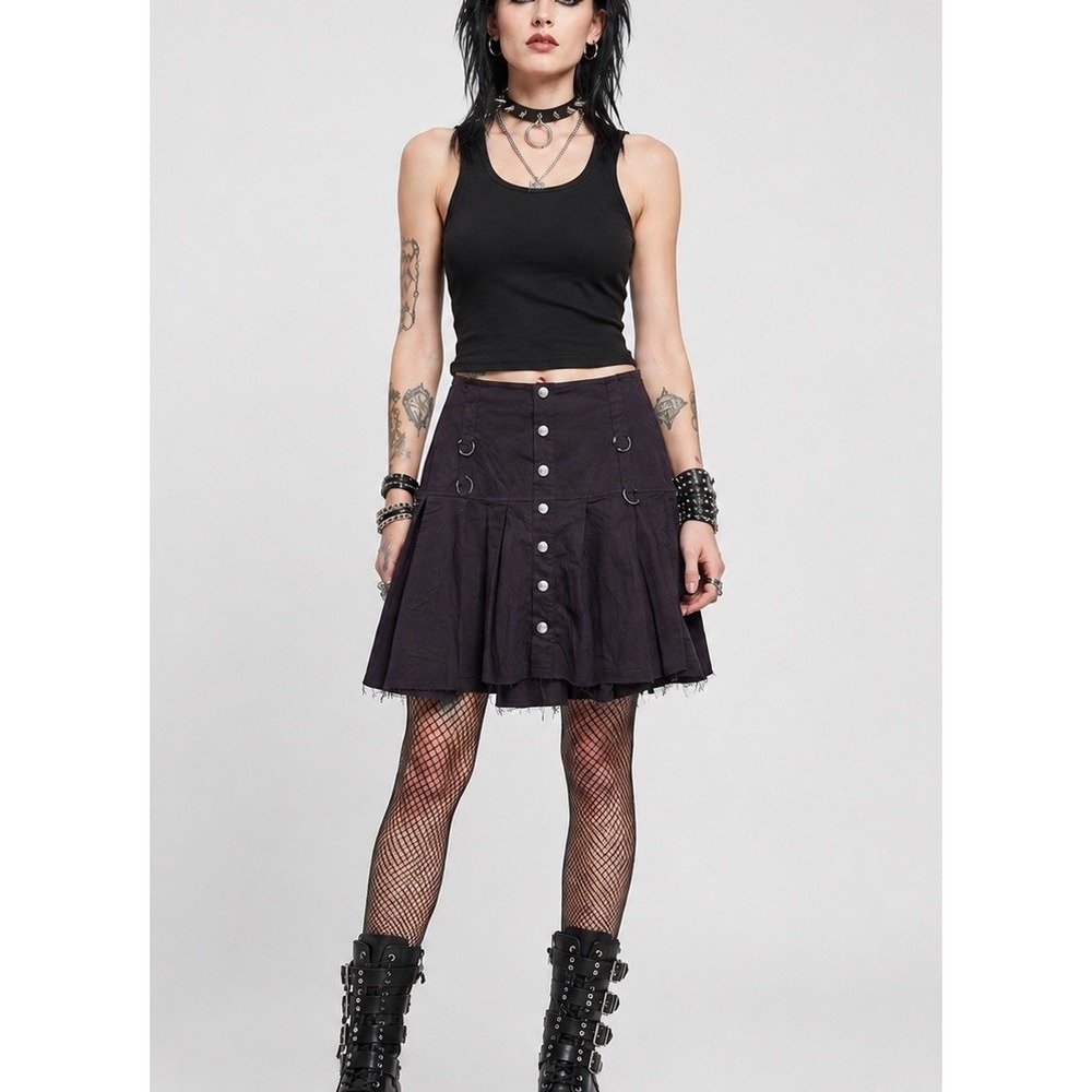 Current Mood Black Pleated Mini Skirt Punk Goth D-Ring Front Grunge Raw Hem 1X